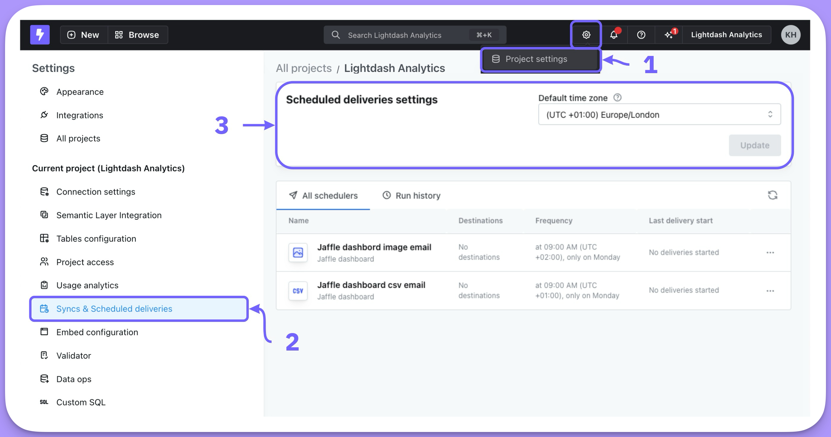 The default time zone setting in the project's Syncs & Scheduled deliveries settings
